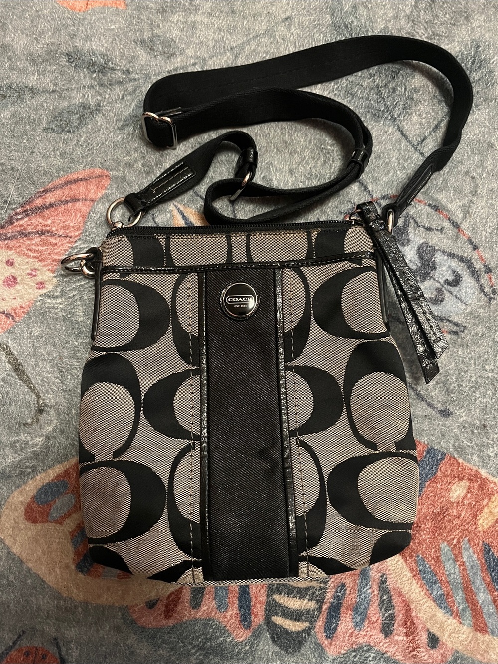 Coach Black and Gray Signature Crossbody with Leather Trim